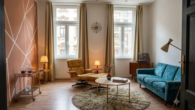 Stilvoll eingerichtetes Wohnzimmer mit Vintage-Möbeln, Parkettboden und großen Fenstern.