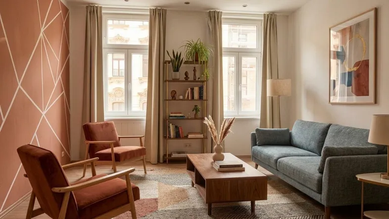 Gemütliches Wohnzimmer mit bequemen Sofas, Bücherregal und einem bunten Teppich, ideal zum Entspannen.