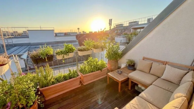 Große Dachterrasse mit Holzdeck, bequemen Gartenmöbeln und Pflanzen, ideal für entspannte Abende mit Sonnenuntergang.