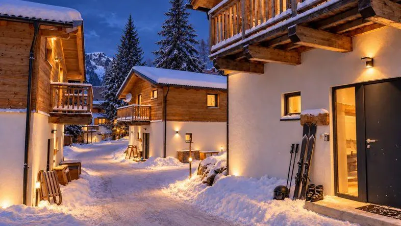 Gemütliche Chalets in verschneiter Winterlandschaft bei Dämmerung, mit Skiausrüstung vor der Tür.