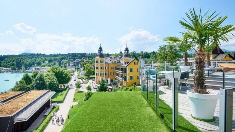 Blick von einer Dachterrasse mit Kunstrasen und Palmen auf den See und ein historisches Gebäude.