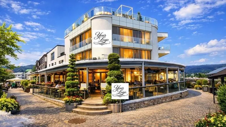 Modernes Gebäude mit Glasfassade, Dachterrasse und Restaurantbereich im Erdgeschoss.