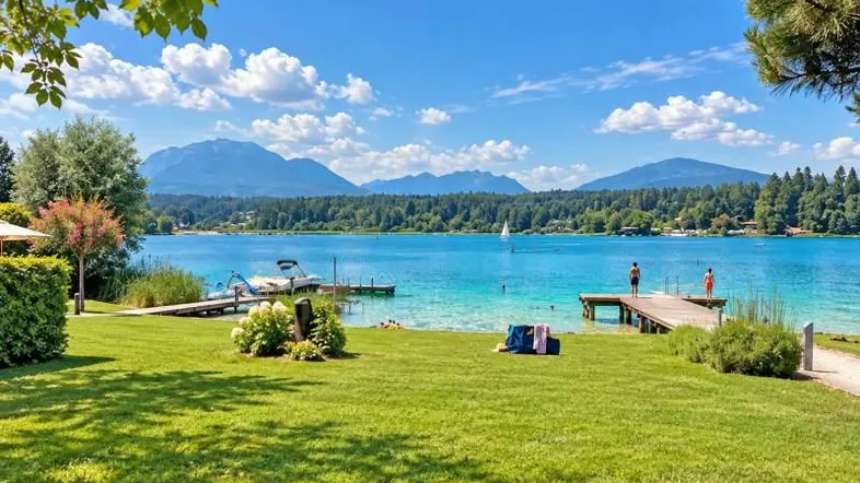 Idyllischer Blick auf einen klaren See mit Bergen im Hintergrund und grüner Uferlandschaft.
