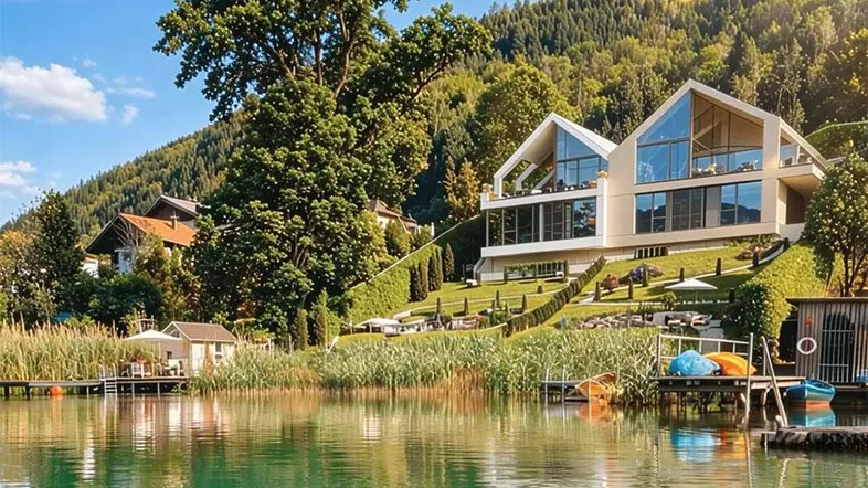 Moderne Villa am Seeufer mit weitläufigem Garten und Bergblick unter strahlend blauem Himmel.