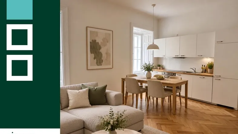 Helles Wohn- und Esszimmer mit offener Küche, Fischgrätparkett und modernen Möbeln.