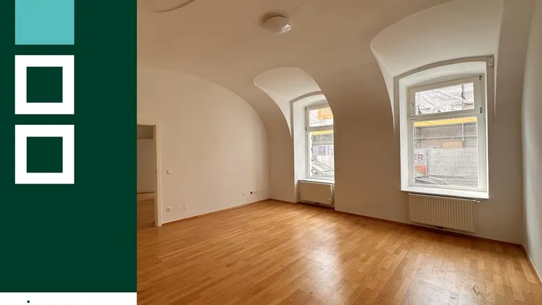 Geräumiger Wohnbereich mit hellem Holzfußboden und charakteristischen gewölbten Decken, die viel Platz bieten.