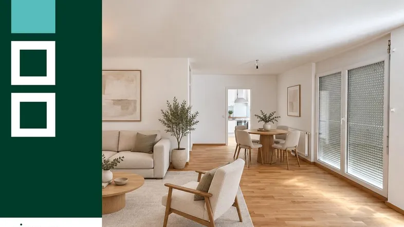 Helles Wohn- und Esszimmer mit Parkettboden, modernen Möbeln und Zugang zu großen Fenstern.