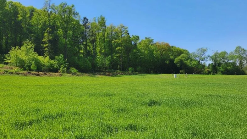 Weitläufiges grünes Feld mit angrenzendem Wald unter strahlend blauem Himmel.