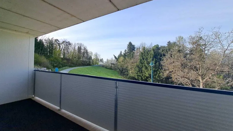 Balkon mit Sichtschutz und weitem Blick ins Grüne, umgeben von Bäumen und Natur.