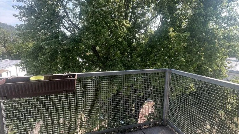 Heller Balkon mit Fliesenboden und Metallgeländer, bietet einen schönen Blick ins Grüne.