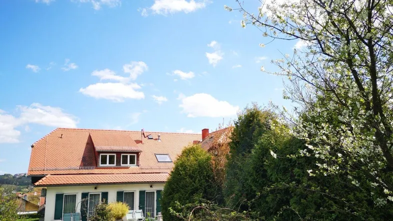 Großzügige Terrasse am Haus mit Blick ins Grüne und blühenden Bäumen im Frühling.