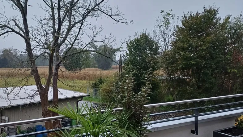Balkon mit Kiesboden, Pflanzen in Töpfen und weitem Blick ins Grüne.