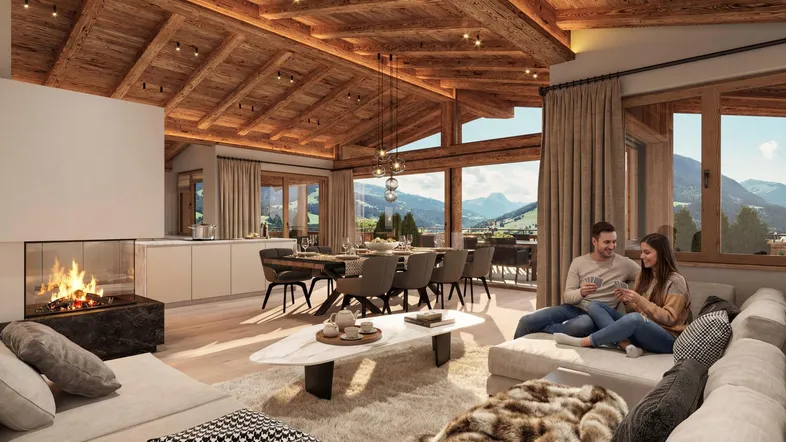 Luxuriöser offener Wohn- und Essbereich mit Kamin, Holzbalkendecke und Panoramablick auf die Berge.