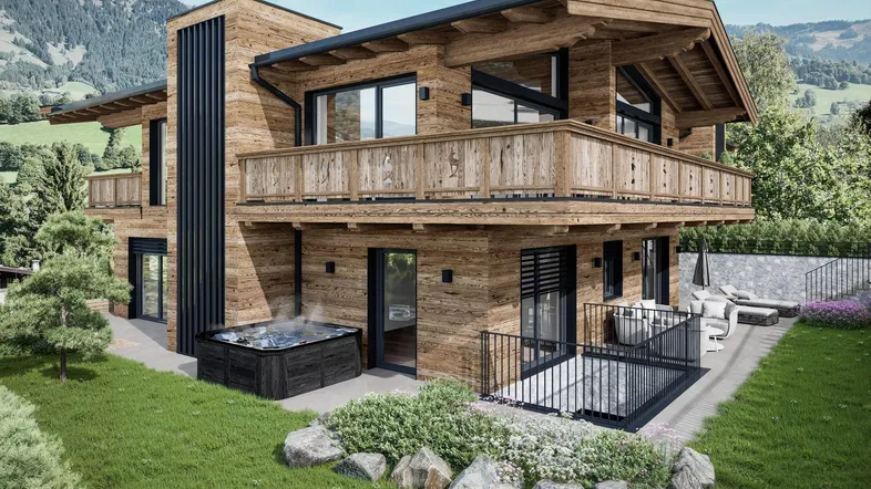 Modernes Holzchalet mit Balkonen, Terrasse, Whirlpool und Bergblick in alpiner Umgebung.