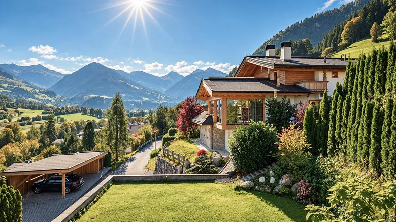 Großzügiges Anwesen mit Holzfassade, Carport und weitem Bergblick unter strahlendem Sonnenschein.