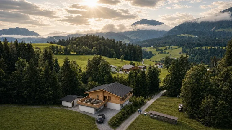 Modernes Holzhaus mit großer Terrasse und Garage, eingebettet in eine grüne Landschaft mit Bergen im Hintergrund bei Sonnenuntergang.
