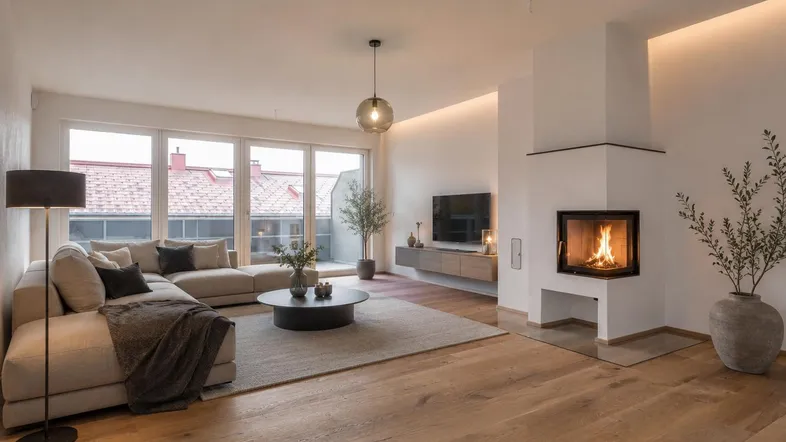 Helles Wohnzimmer mit modernem Kamin, Holzboden und großen Fenstern mit Blick nach draußen.