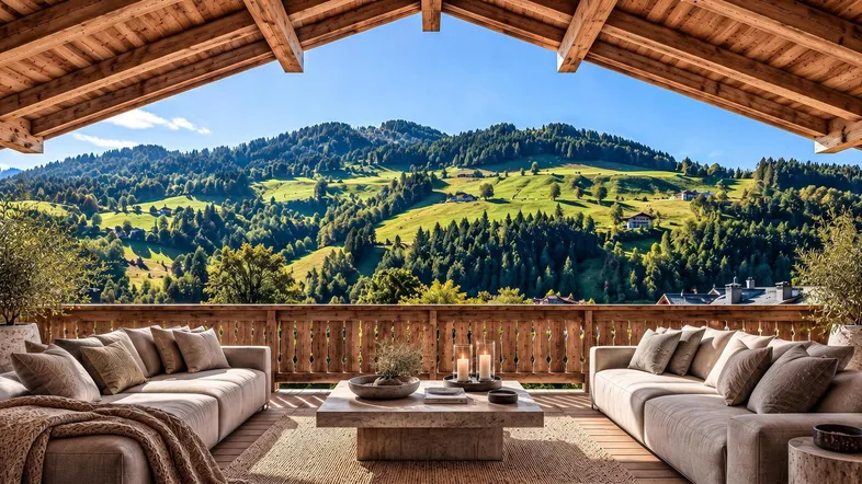 Geräumige Holzterrasse mit bequemen Sofas und atemberaubendem Blick auf die grünen Berge.