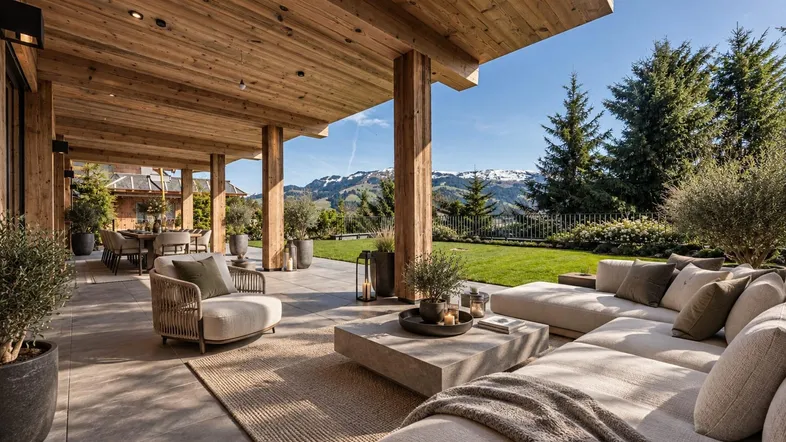 Geräumige überdachte Terrasse mit gemütlicher Sitzecke, Essbereich und herrlichem Bergblick.