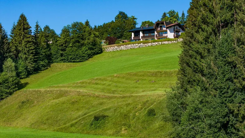 Haus in alpiner Landschaft mit grünen Wiesen und hohen Bäumen unter blauem Himmel.