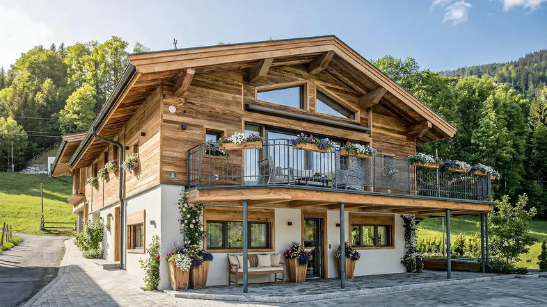 Charmantes Holzhaus im alpinen Stil mit traditioneller Architektur, Balkon und malerischem Bergblick in grüner Umgebung.