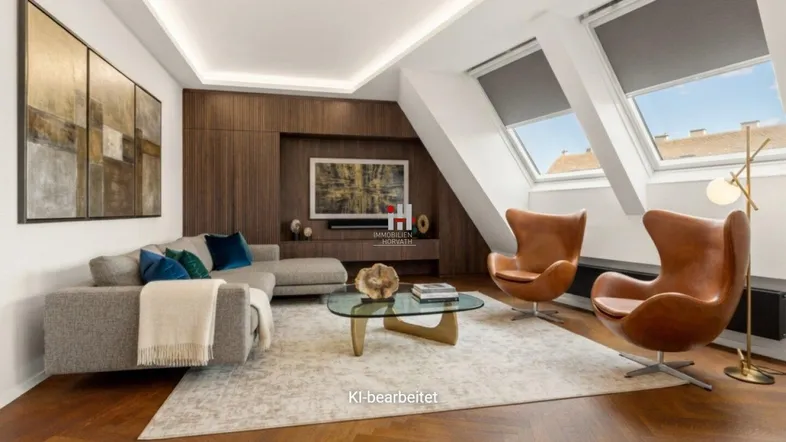 Modernes Wohnzimmer im Dachgeschoss mit Holzboden, Dachfenstern und stilvollen Möbeln.