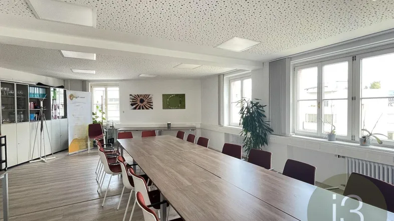 Geräumiger Konferenzraum mit langem Holztisch, vielen Stühlen und großen Fenstern für natürliches Licht.