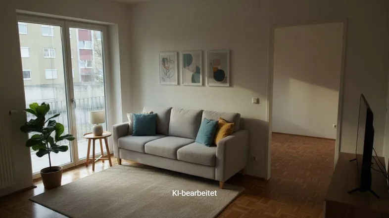 Helles Wohnzimmer mit modernem Sofa, Parkettboden und Zugang zu einem Balkon.