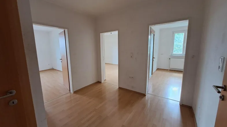 Heller Flur mit Laminatboden und mehreren Türen, die zu verschiedenen Zimmern führen.