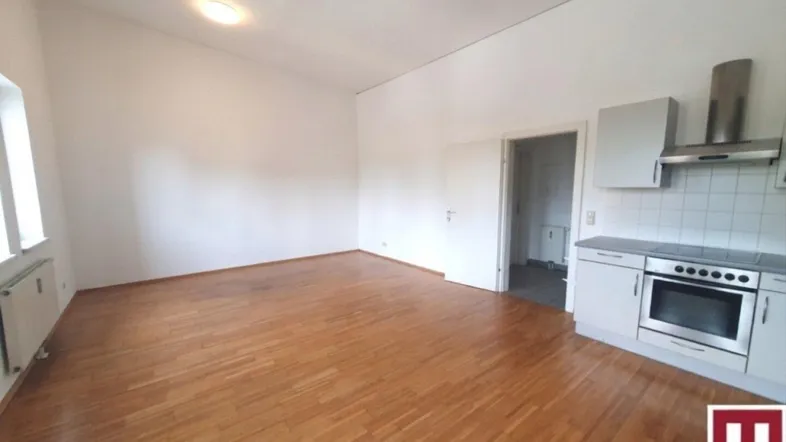 Heller Wohn- und Essbereich mit Parkettboden und integrierter Küchenzeile.