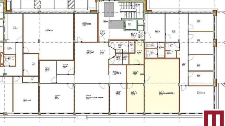 Grundriss eines Business Parks mit mehreren Büroeinheiten, Besprechungsräumen, Empfangsbereich und Teeküche.