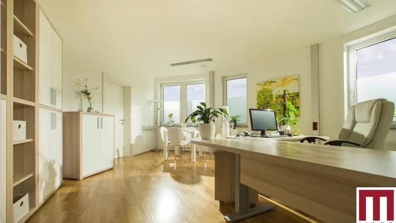 Helles und geräumiges Büro mit großen Fenstern, Holzboden und moderner Einrichtung.