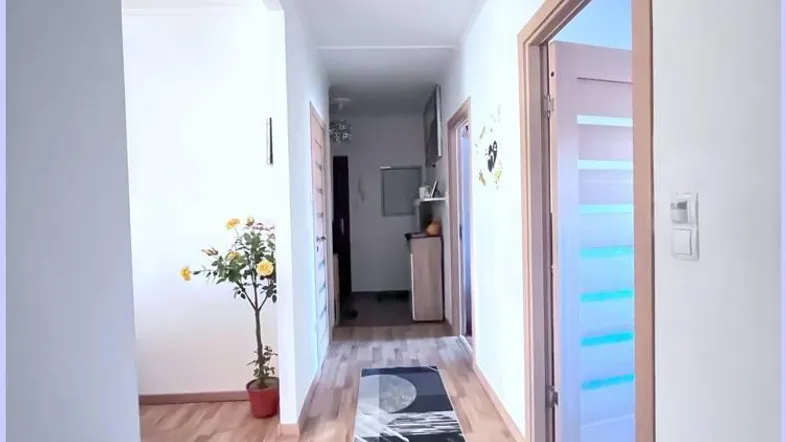 Heller Flur mit Holzboden und mehreren Türen, der zu verschiedenen Räumen führt.