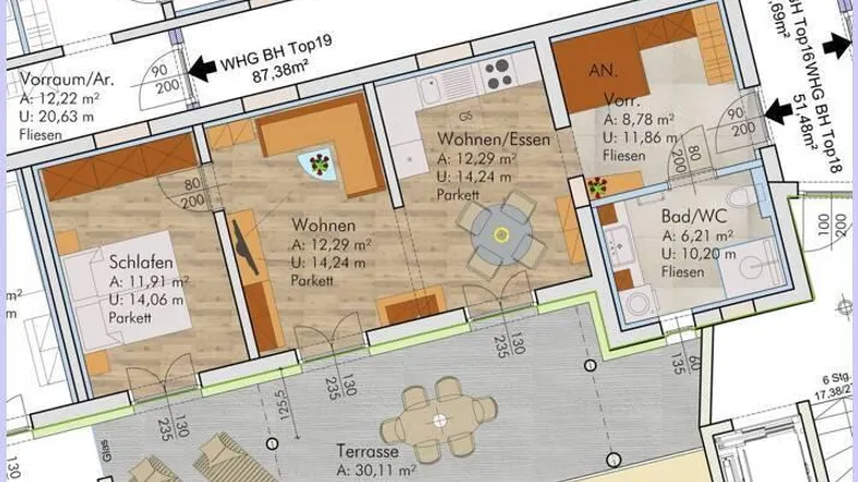 Detaillierter Grundriss einer Wohnung mit offenem Wohn-/Essbereich, Schlafzimmer und großer Terrasse.