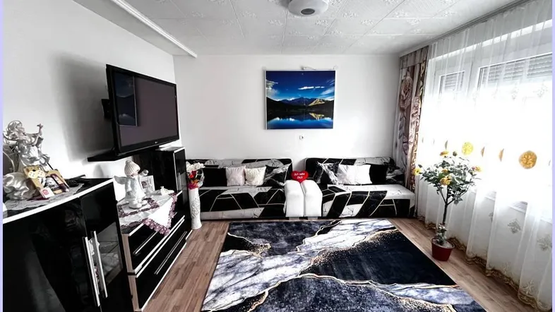 Gemütliches Wohnzimmer mit Sofa, Fernseher und großem Teppich, ideal zum Entspannen.