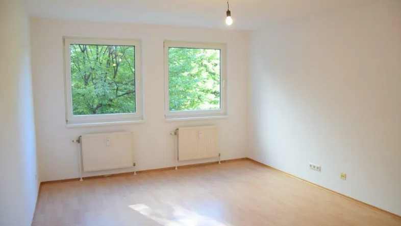 Helles Zimmer mit Laminatboden und Blick ins Grüne durch zwei Fenster.