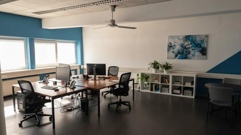 Geräumiges Büro mit mehreren Arbeitsplätzen, modernen Möbeln und großen Fenstern, die viel Tageslicht hereinlassen.