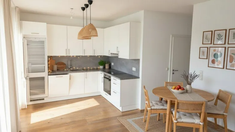 Moderne weiße Küche mit Essbereich, Holzboden und viel natürlichem Licht.