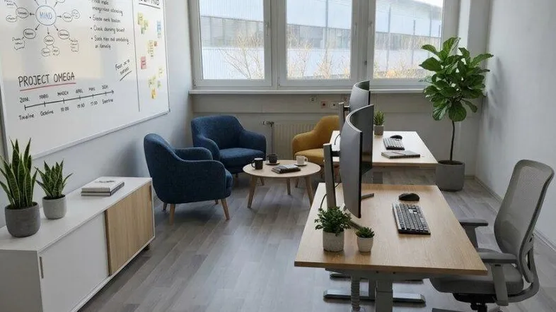 Modernes Büro mit mehreren Arbeitsplätzen, einem Besprechungsbereich und großen Fenstern für viel Tageslicht.