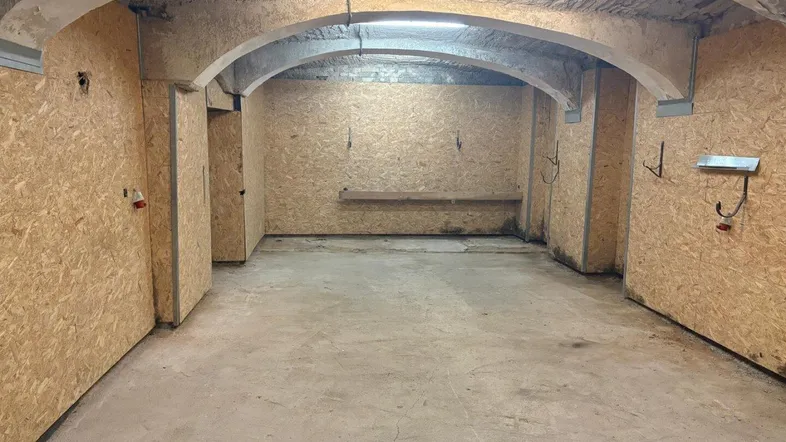 Unfertiger Kellerraum mit Holzwänden, Betonboden, gewölbter Decke und Oberlicht.