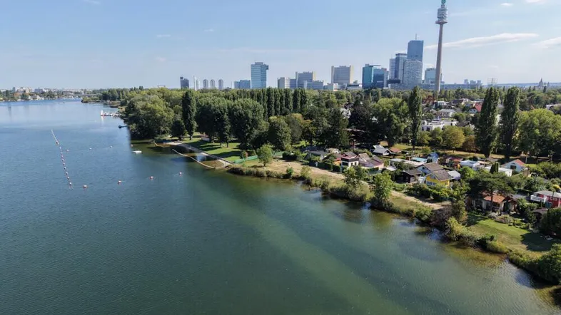 Panoramablick auf die Stadt und den Fluss mit umliegender Natur und Gebäuden.