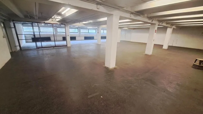 Großer, offener Lagerraum mit Betonboden, vielen Stützpfeilern und Fenstern für Tageslicht.