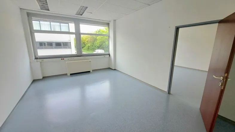 Heller Büroraum mit großen Fenstern, grauem Boden und Blick auf ein Nachbargebäude.