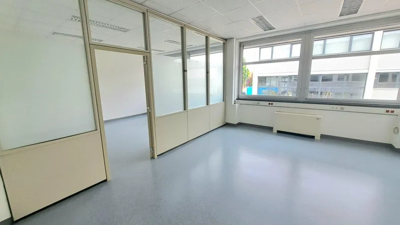 Geräumiges Büro mit flexiblen Glas-Trennwänden, großen Fenstern und grauem Vinylboden.