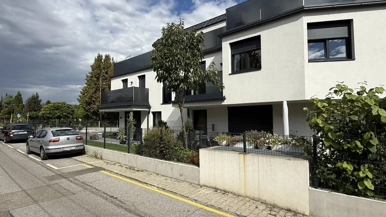 Moderne Reihenhäuser mit weißer Fassade, dunklen Akzenten und gepflegter Außenanlage unter bewölktem Himmel.