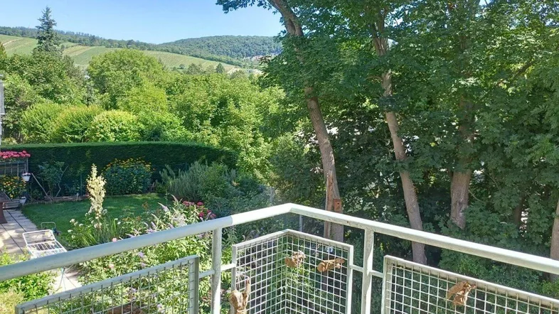 Blick vom Balkon auf den grünen Garten und die umliegende Hügellandschaft mit Weinbergen.