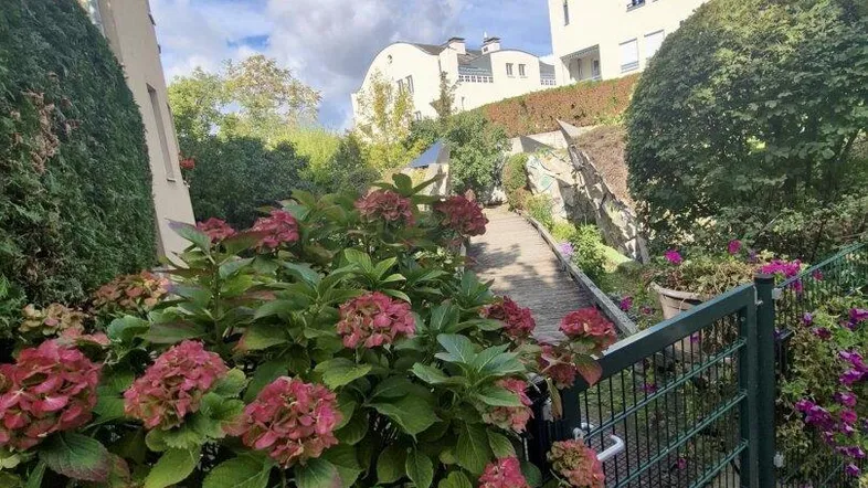 Schöner Gartenbereich mit blühenden Hortensien, einem Zaun und einem Weg zu den Gebäuden.