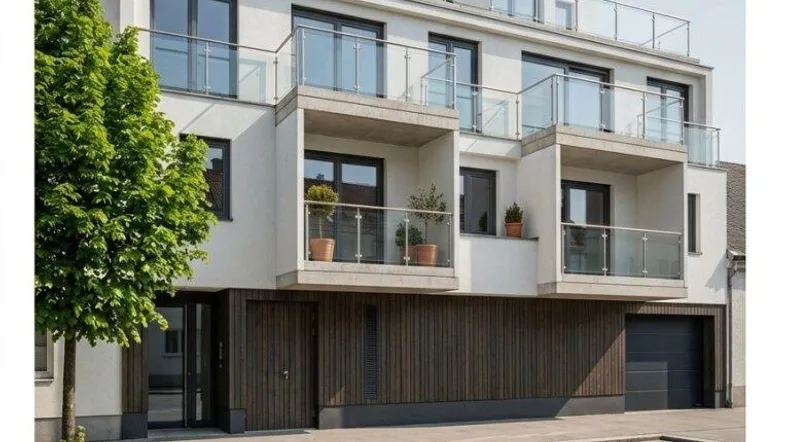 Modernes Mehrfamilienhaus mit weißer Fassade, großen Fenstern und mehreren Balkonen mit Glasgeländer.