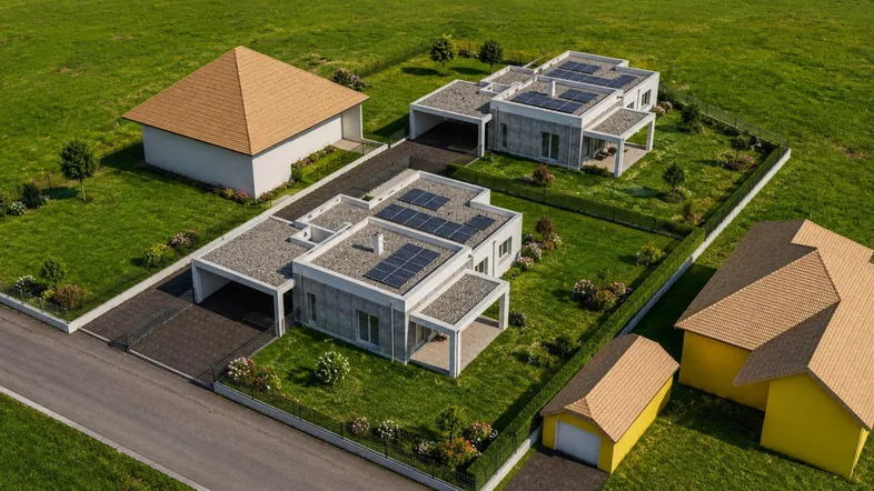 Überblick über zwei moderne Einfamilienhäuser mit Photovoltaikanlagen und großzügigen Grünflächen, aus der Luft aufgenommen.