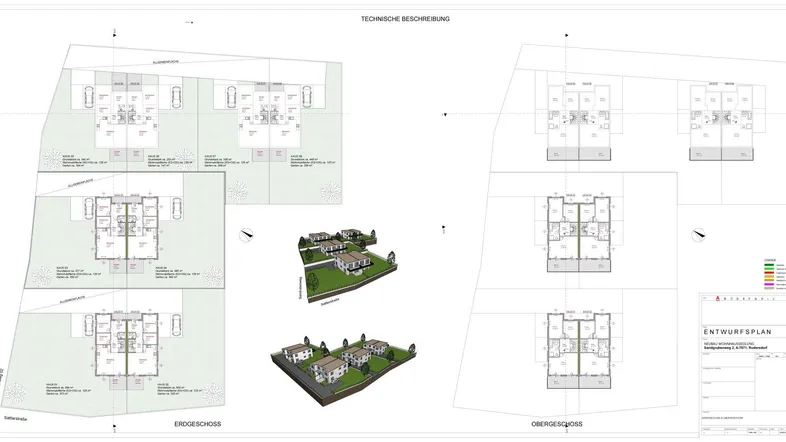 Übersicht der Grundrisse für Erd- und Obergeschoss sowie 3D-Visualisierungen der Gebäude.